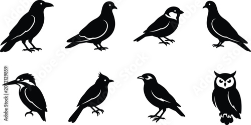 Foto Black Bird Silhouette Vector Icon Set Featuring Perching Birds Owl Crow Pigeon a