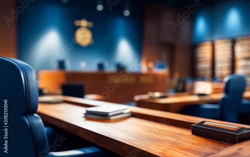 Modern Courtroom Interior with Law Books and Elegant Seating Arrangement