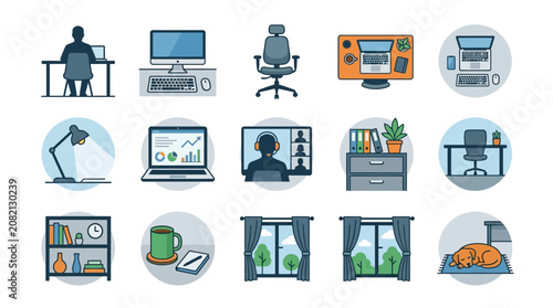 Creative Illustrated Icons Showcasing Modern Home Office Essentials with Workspace Elements and Relaxation Scenes