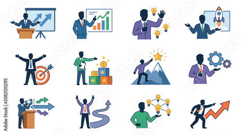 Corporate Success and Innovation Concepts Illustrated with Colorful Business Icons Featuring Professionals Charts Gear and Symbols