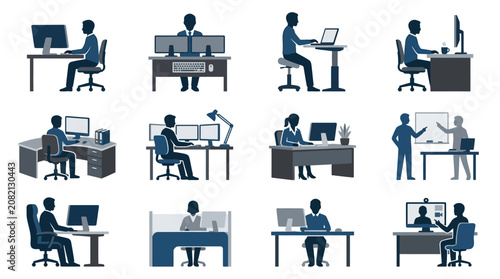 Minimalist Black and White Illustrations of Various Office Work Scenarios and Setups with high quality professional line art symbols for modern creative design and digital branding projects