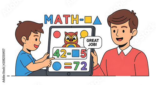 Two boys with math problem on board.