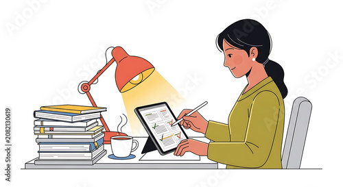 Woman sitting at desk with tablet.