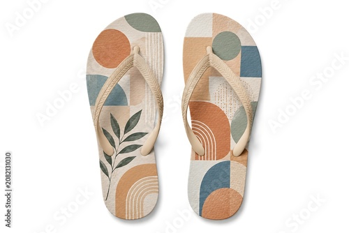 Flip flops with abstract geometric pattern and botanical leaf illustration on a white background flip flops thong