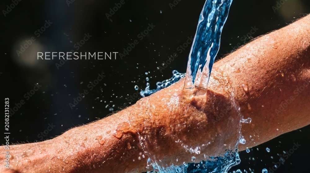 Fototapeta premium Water pouring onto a sun tanned arm to cool off. Refreshment text on background representing hydration in summer heat