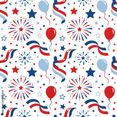 Seamless pattern with festive fireworks balloons and ribbons for holidays