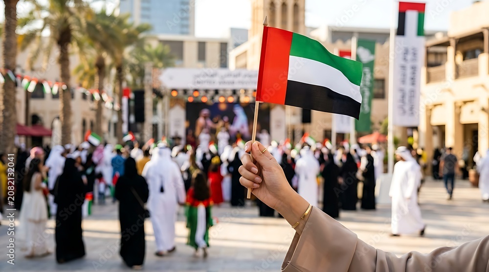 Fototapeta premium Person holding united arab emirates flag during national celebration in outdoor public square