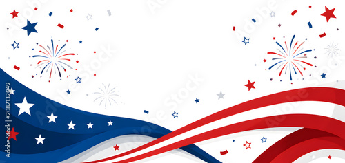 American flag themed celebration background with fireworks and confetti
