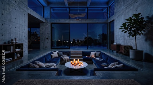 Sunken concrete living room with candlelit outdoor patio.