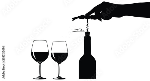 Φωτογραφία Wine Bottle Opening With Glasses Black Silhouette