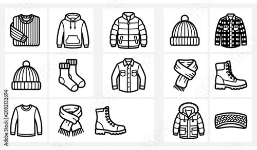 Obraz na płótnie Winter apparel line icons vector set minimalist clothing and knitwear black and