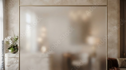 Elegant frosted glass room divider with soft diffused light and marble accents creating a serene ambiance for interior design concepts
