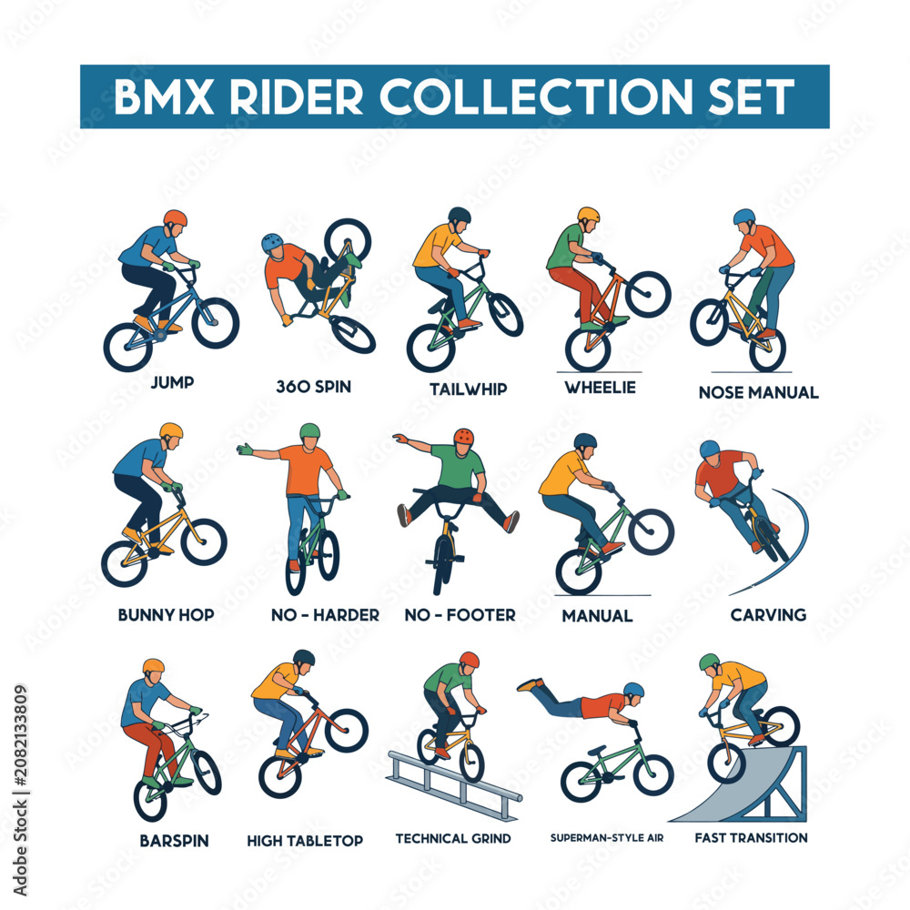 Obraz premium BMX Rider Collection Set - Illustrated BMX Tricks, Stunts and Freestyle Bike Icons
