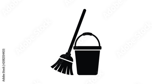 Obraz na plátně Broom and bucket silhouette against a white background