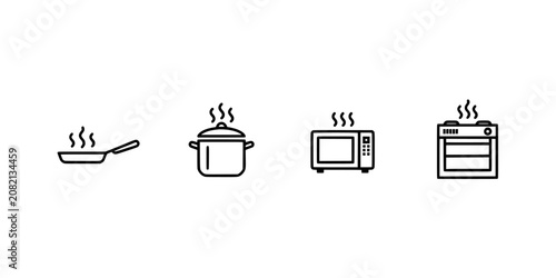 Pan, Pot, Microwave and Oven Icons with Steam and Kitchen Heat Design on a White Background Featuring Cooking, Stove, Saucepan