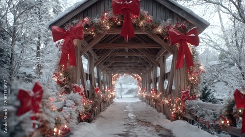 A snow-covered covered bridge in a picturesque setting, decorated with garlands and large red bows,