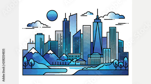 Modern Blue City Skyline Illustration with Skyscraper Buildings Mountain Range and River Waterfront Urban Landscape View