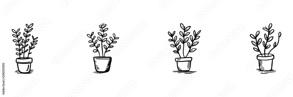 Fototapeta premium Potted Plant In Hand Drawn Style Set. Botanical Doodle Sketch Collection. Perfect For Gardening And Home Decor Projects. Isolated Vector Illustration