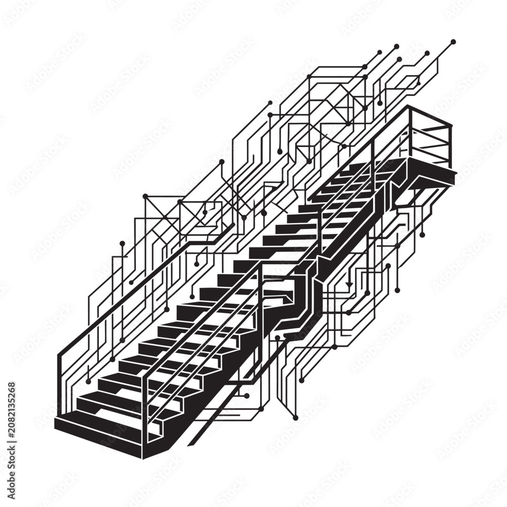 Fototapeta premium Modern cyber technology stairs silhouette futuristic geometric architecture