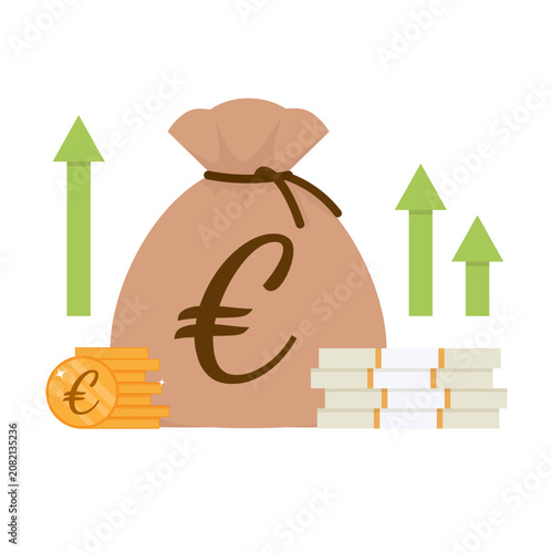 Financial Growth Concept. Money bag with Euro sign, stacks of cash, gold coins, and upward pointing green arrows. Vector illustration symbolizing financial growth, investment success, savings