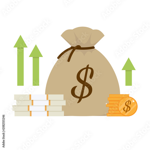 Financial Growth Concept. Money bag with Dollar sign, stacks of cash, gold coins, and upward pointing green arrows. Vector illustration symbolizing financial growth, investment success, savings