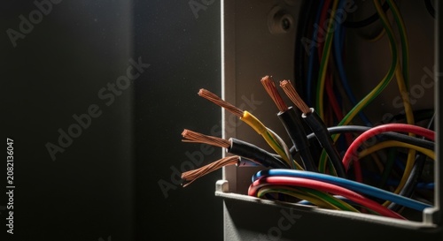 Electrical wires in control box with copper connections and colorful strands visible for industrial applications. Electrical wiring exposed in control unit highlights safety and efficiency.