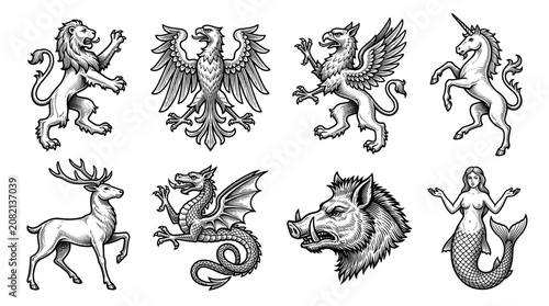 Medieval Heraldic Animals and Mythical Creatures Set. Vector Illustration of Lion, Eagle, Griffin, Unicorn, Stag, Dragon, Boar, and Mermaid in Vintage Engraving Woodcut Style.