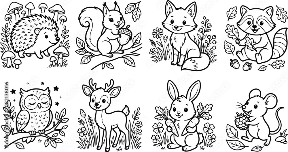 Obraz premium Cute Woodland Forest Animal Coloring Page Collection with Cartoon Wildlife for Kids Activities