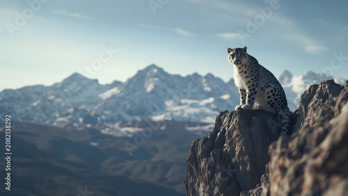 Majestic Snow Leopard Perched on Rocky Mountain Peak, Majestic Wildlife Portrait