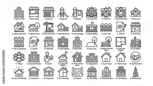 Fotografie Collection of various building and real estate icons isolated transparent backgr