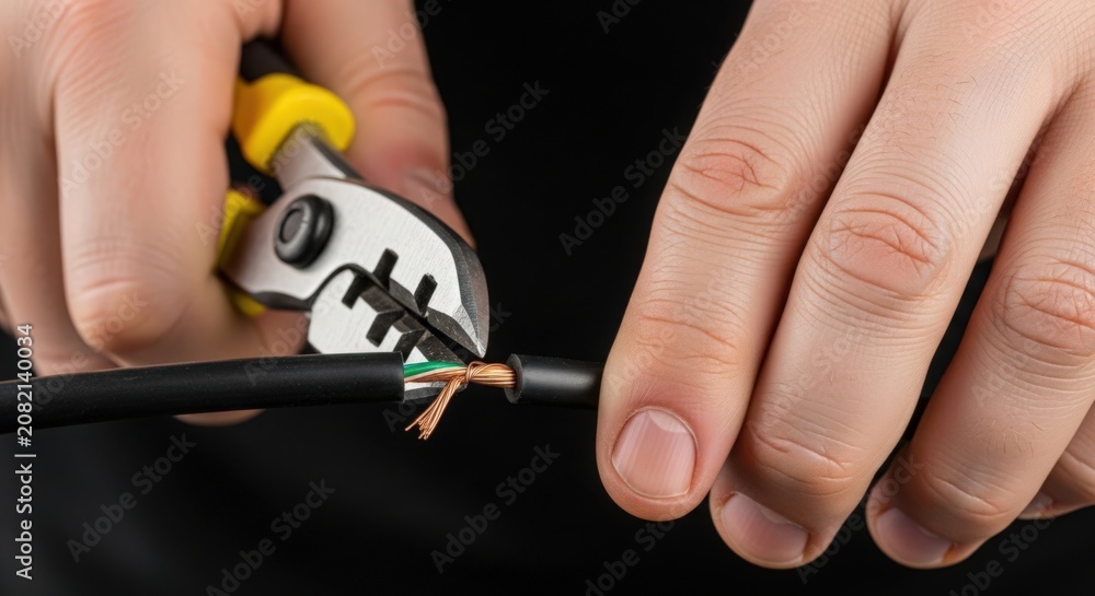 Fototapeta premium Hand using wire cutters to strip electrical wire for installation. Wire stripping involves careful handling and precision to ensure proper connection. Essential for electrical work,