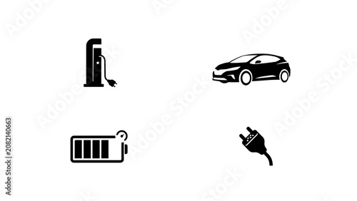 Electric Vehicle Icons Charging Station Car Battery And Connector
