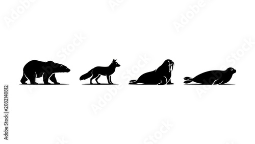 Arctic Animal Silhouettes On White Background Polar Bear Fox Walrus Seal