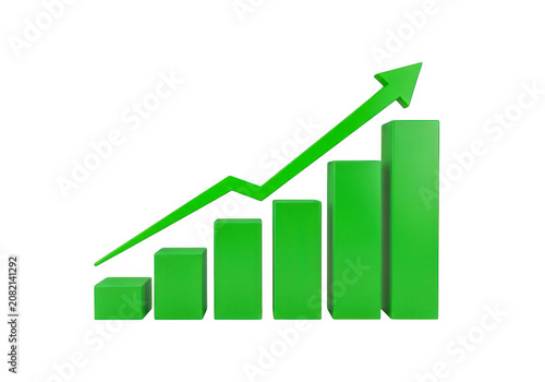 Increasing growth bar chart with upward trend arrow, isolated on transparent background