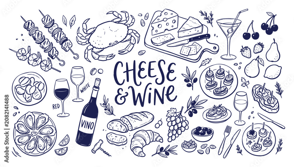 Αυτοκόλλητο Seafood cheese and wine doodle illustration with various delicacies and a white