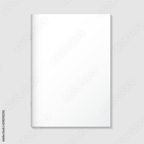 Blank white notebook mockup with staple saddle stitch binding. Vertical thin paper booklet or exercise book isolated for branding and stationery. Realistic vector illustration.