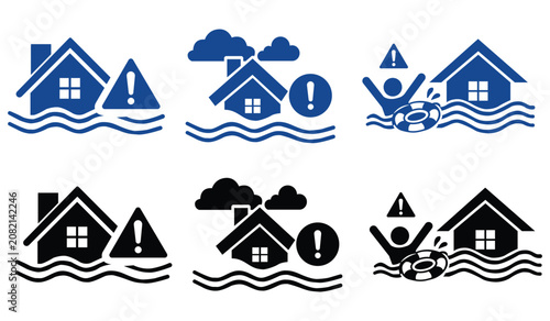 Konstfotografi Set of blue and black flood warning icons showing houses submerged under water with danger signs