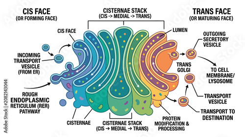 Photos Detailed illustration of a Golgi apparatus with labeled components, showcasing cisternae stack, cis and trans faces, and transport vesicles in a biological context