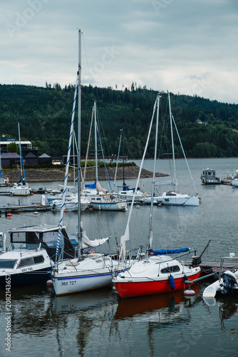 Sailboats moored in lake marina under cloudy sky