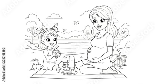 Mother and child enjoying a picnic by the lake.