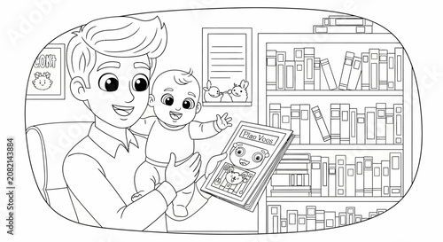 Father holding baby while reading a book together.