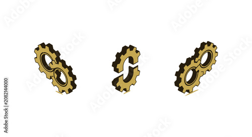 Three golden gear shapes on white background.