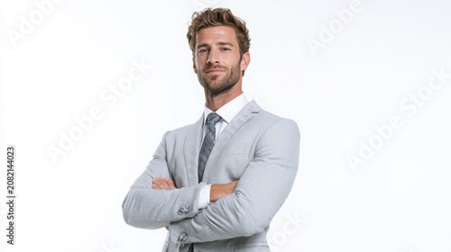 Entrepreneur wearing a light grey suit poses confidently against white.