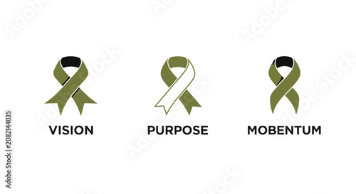 Three green awareness ribbons with inspiring words vision purpose mobentum.