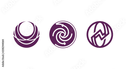 Three purple circular abstract logo designs.