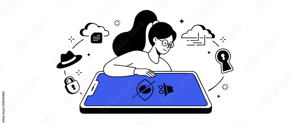 Obraz premium Cybersecurity mobile privacy data protection woman using smartphone to secure personal information from hacker threat, flat vector illustration concept of anonymous identity protection and safety.