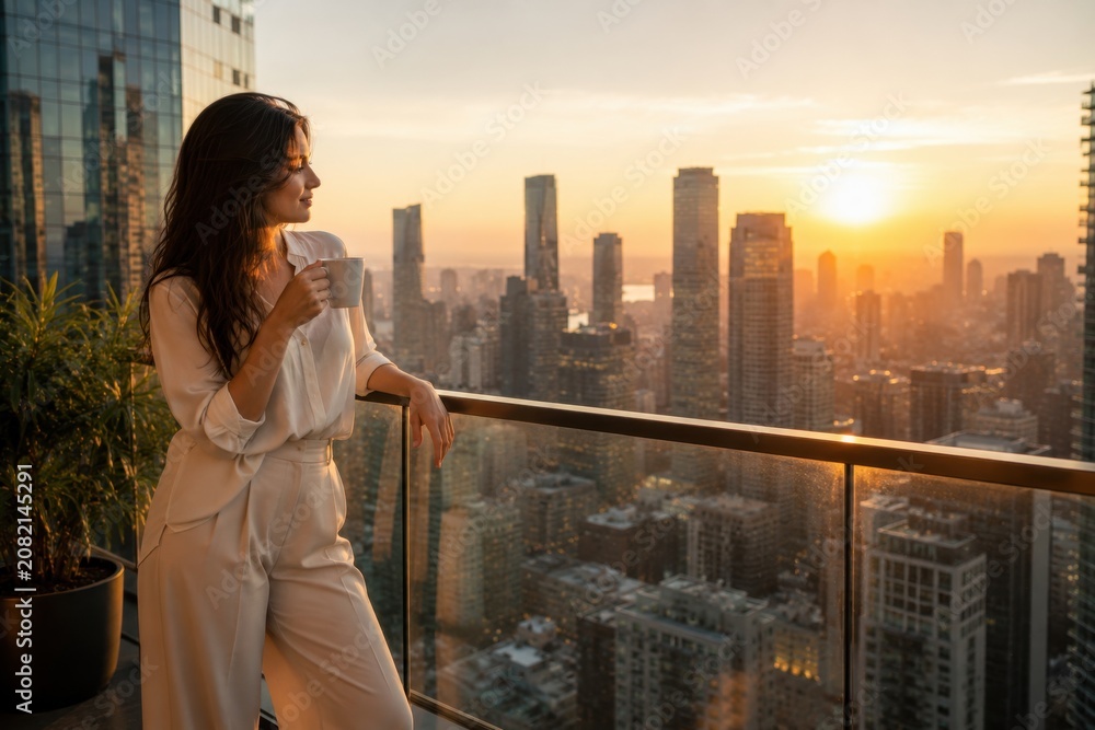 Obraz premium Relaxed young woman holding a coffee cup on a luxury penthouse balcony overlooking the New York City skyline at sunrise. Concept of work-life balance and premium urban lifestyle.