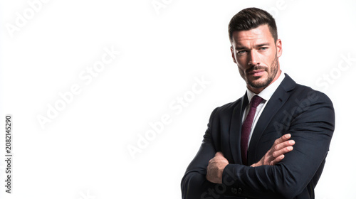 Businessman poses confidently with arms folded while wearing a dark formal suit.