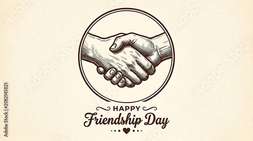 Vintage style happy friendship day design with handshake sketch in circle