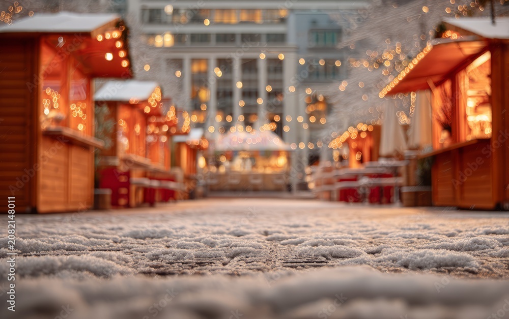 Fototapeta premium Snow-Covered European Christmas Market at Night with Illuminated Stalls